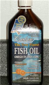 bottle of Carlson's fish oil liquid omega 3 fatty acids | high amounts of EPA and DHA | no fish burps | tastes good