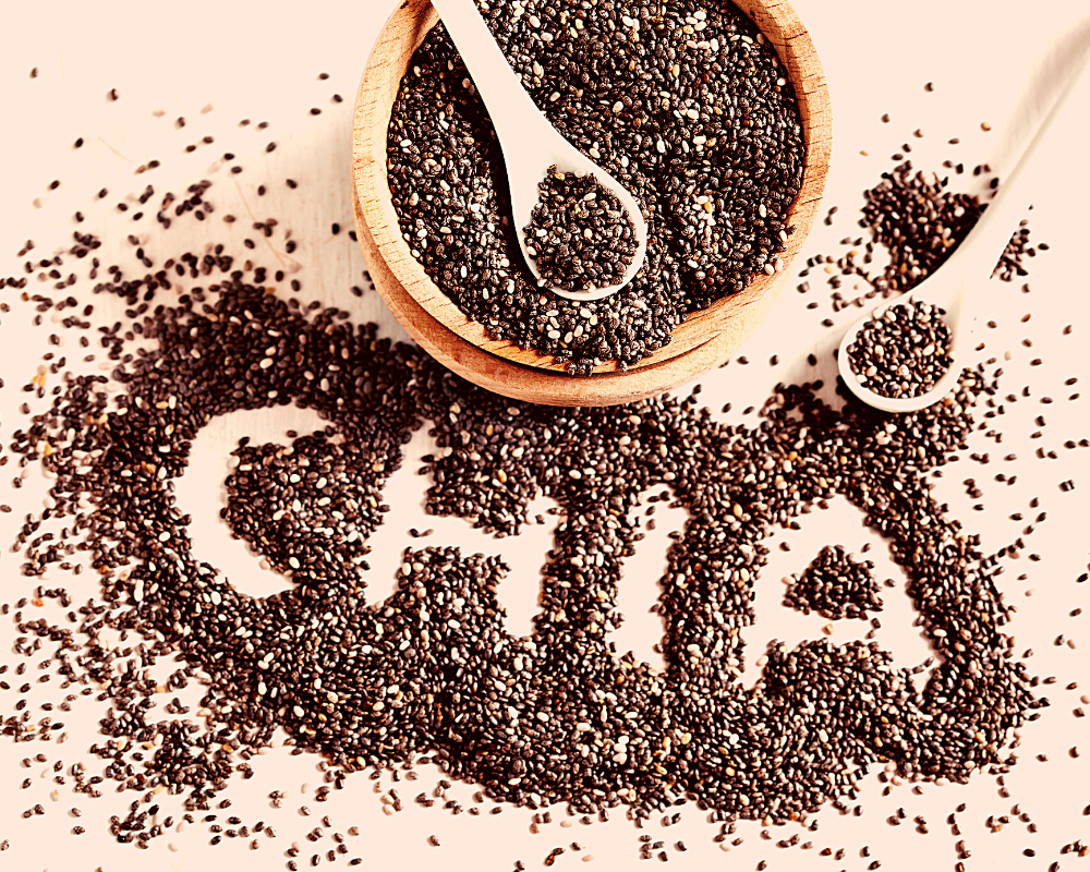 Black chia seeds used in a bowl with spoonful
