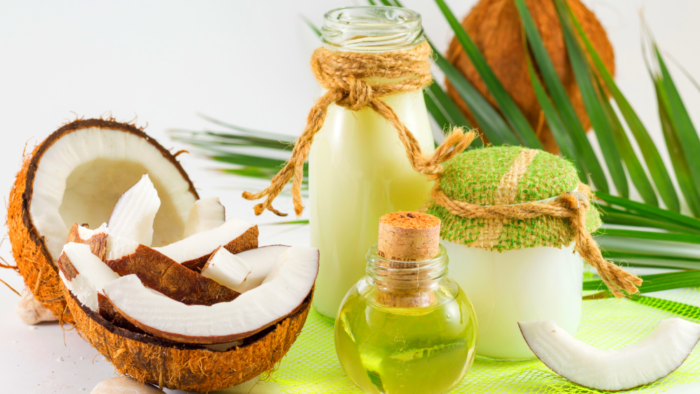 Cracked coconut and bottled coconut oil