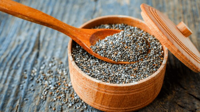 Healthy Chia seeds in a wooden bowl