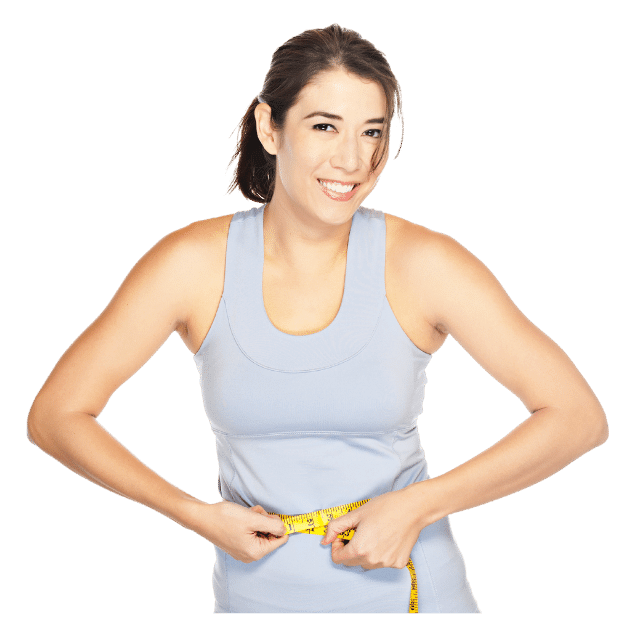 woman measuring her weight loss with measuring tape