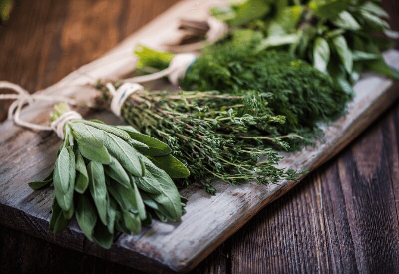 herbs on a board- cilantro, basil, rosemary