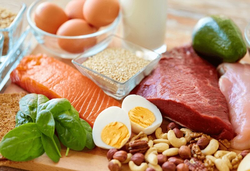 protein foods - eggs, salmon, beef, nuts