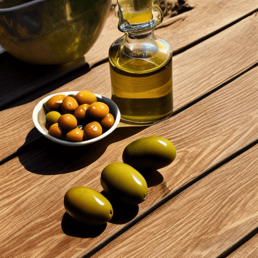bottle of olive oil with large and small olives