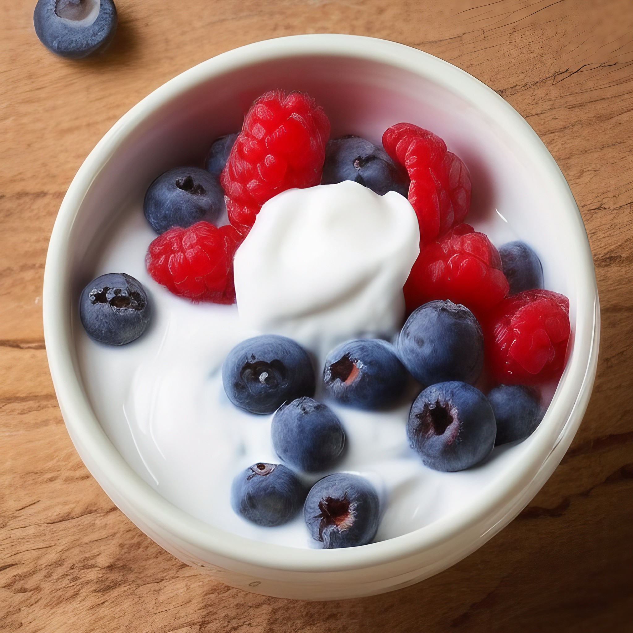 A white dish filled with creamy plain yogurt, colorful blueberries, and sweet raspberries