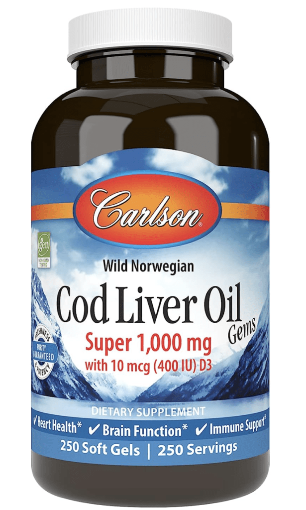 A bottle of Carlson's Cod Liver Oil Gems with 250 softgels. Each super 1000 mg capsule is packed with 250 mg Omega-3s, Vitamins A & D3. Sourced from wild-caught Norwegian Arctic Cod, it represents a sustainable choice for Nordic fish oil supplements.
