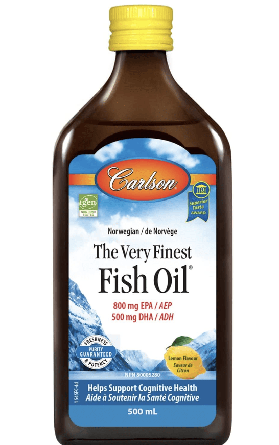 A 16.9 Fl Oz bottle of Carlson's The Very Finest Fish Oil supplement, boasting 1600 mg Omega-3s. It's Norwegian, wild-caught, and sustainably sourced, with a fresh lemon flavor.