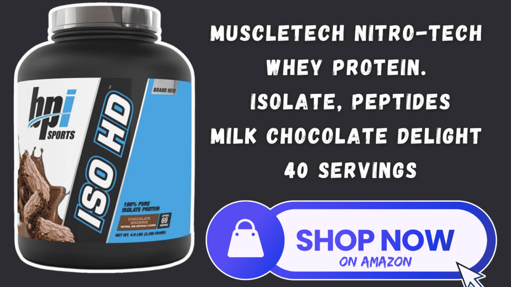 A 5.4-pound container of Isolate Protein in a delectable Chocolate Brownie flavor, offering an impressive 69 servings. Designed for fitness enthusiasts and athletes, this professional-grade dietary supplement aids muscle growth, recovery, and overall performance. The packaging, bearing a sophisticated design, exudes a sense of authority and reliability, reflecting the product's high-quality formulation.