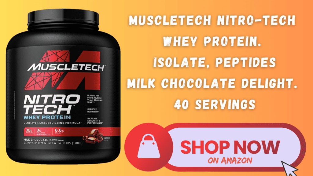 A 4-pound container of Nitro-Tech Whey in a rich Milk Chocolate flavor. This professional-grade supplement offers 40 servings, designed to support muscle growth and recovery. The sleek black and blue packaging, showcasing the MuscleTech brand, assures its premium quality.