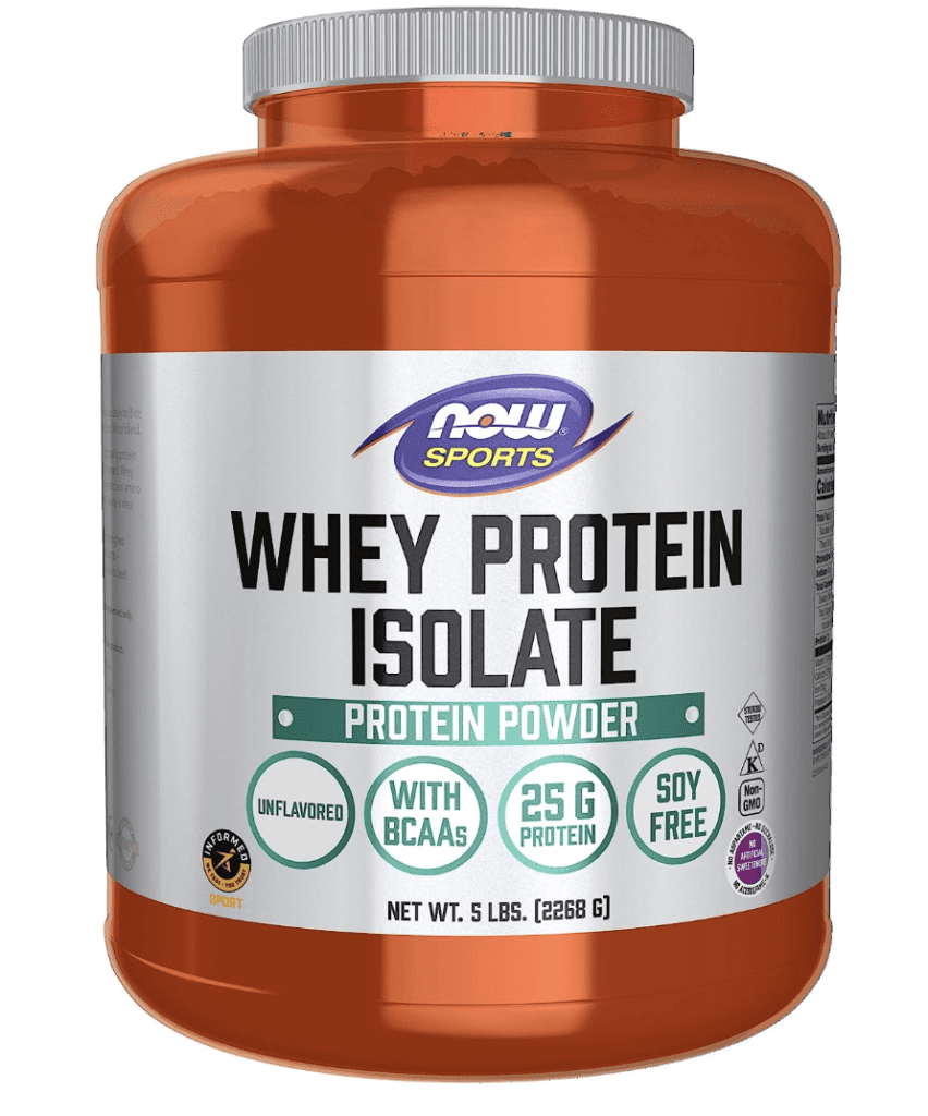 Image displays a 5-pound container of NOW Sports Nutrition Whey Protein Isolate, unflavored. The package highlights the product's 25g protein content per serving and inclusion of Branched Chain Amino Acids (BCAAs). The design is professional and informative, emphasizing the produc