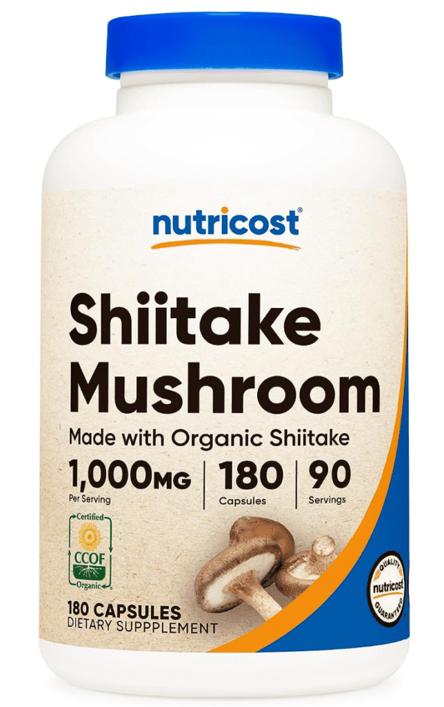 A robust bottle filled with Organic Shiitake Mushroom Capsules, each packing a potent punch of 1000mg, promising to boost your wellness journey.