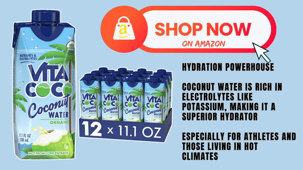 Coconut water available for purchase. The products range from 100% pure, organic coconut water to those infused with additional flavors. Each brand promises a refreshing taste along with essential electrolytes and nutrients, ideal for hydration and overall health.