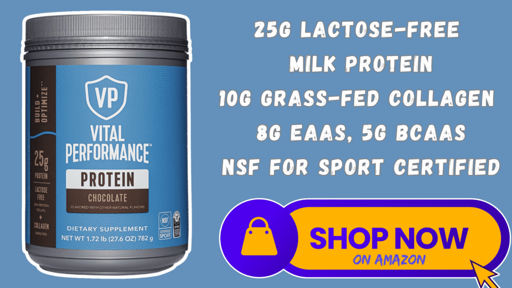 Image showcases a container of Vital Performance Protein Powder. It is NSF for Sport Certified, indicating its high quality and compliance with strict standards. The label highlights its key ingredients: 25g of lactose-free milk protein isolate, 10g of grass-fed collagen peptides, 8g of Essential Amino Acids (EAAs), and 5g of Branched-Chain Amino Acids (BCAAs). This advanced formula is designed to support muscle growth, recovery, and overall athletic performance.