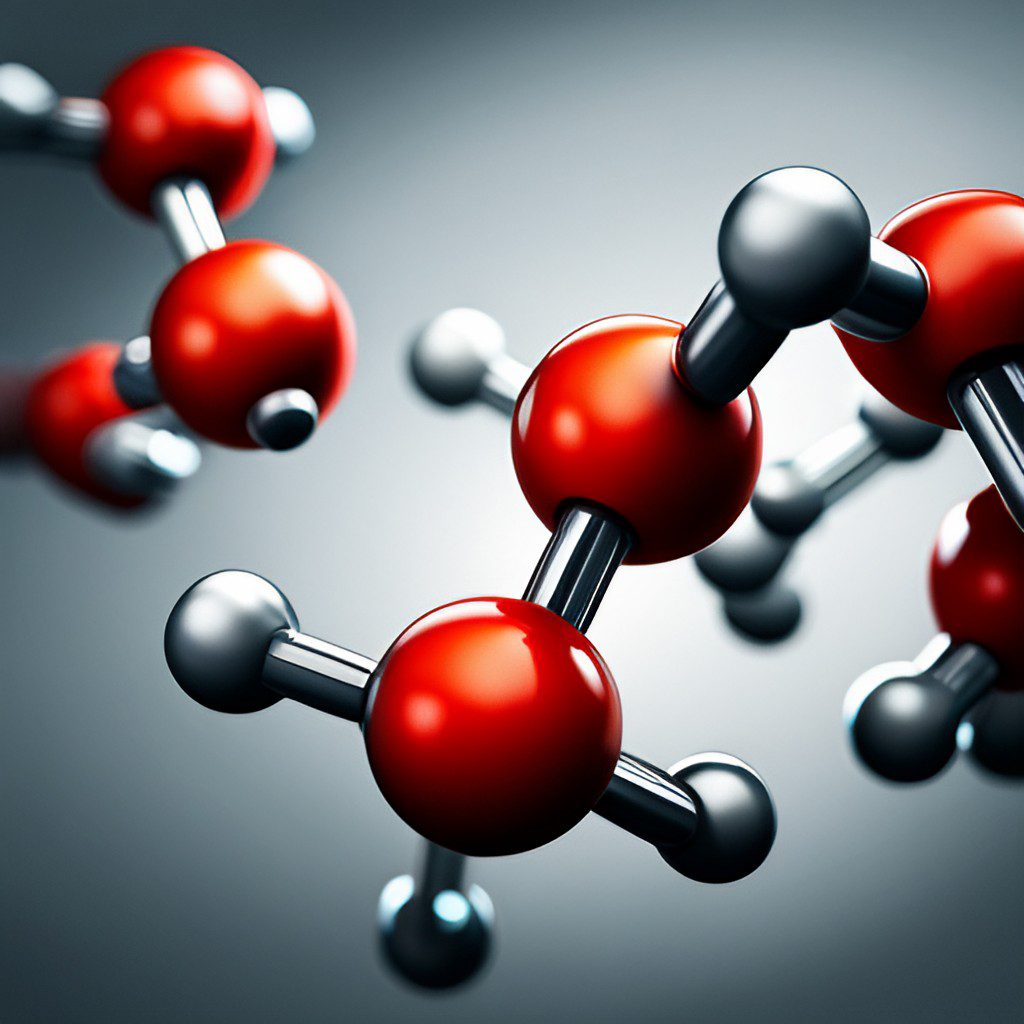 Digital representation of a complex amino acid molecule, depicted with interconnected spheres and rods to illustrate atoms and bonds.