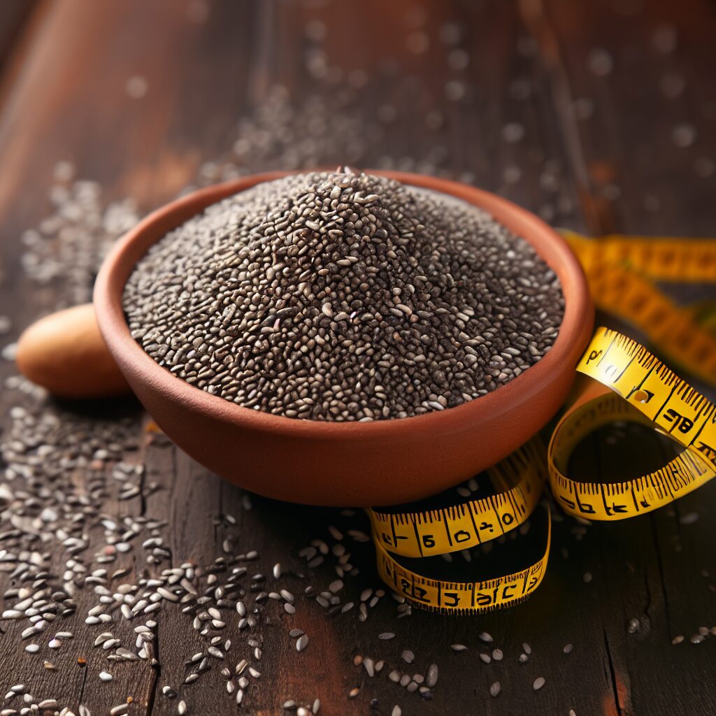 A meticulously captured image showcasing a rustic wooden bowl brimming with nutritious chia seeds. The contrasting black seeds appear textured and wholesome, hinting at their rich dietary fiber content. Adjacent to the bowl, a coiled tape measure is placed, symbolizing the potential weight loss benefits of incorporating chia seeds into a balanced diet. The composition underscores the correlation between healthy eating habits and maintaining an ideal body weight.
