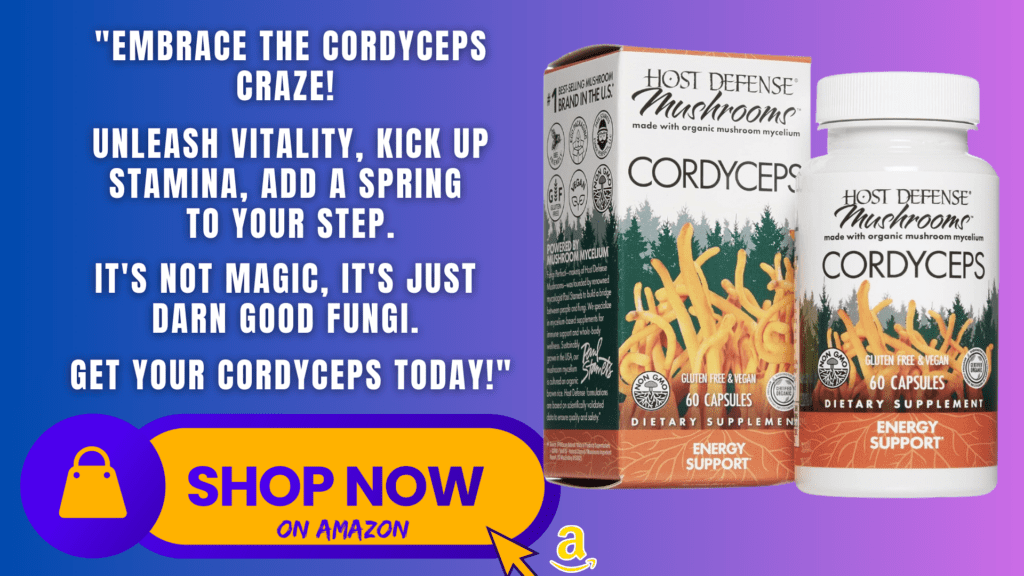 Product image showcasing Host Defense Cordyceps Capsules. These unflavored supplements are designed to support energy and stamina. The container holds 60 capsules, promising a reliable supply for consistent use.