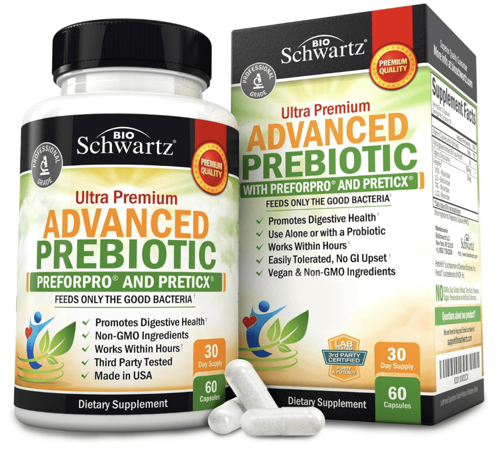A bottle of BioSchwartz Prebiotic Supplement, a powerful gut health product, featuring a clean design with the brand logo, clear label, and a background of fresh fruits and vegetables symbolizing natural ingredients.