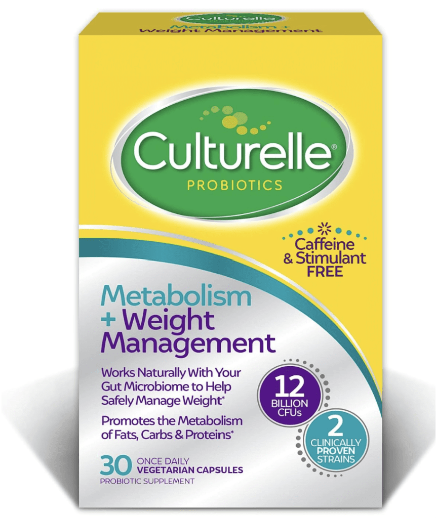 An image of Culturelle Pro Strength Daily Metabolism + Weight Management capsules. The capsules are white and green, symbolizing the brand's commitment to natural ingredients. 