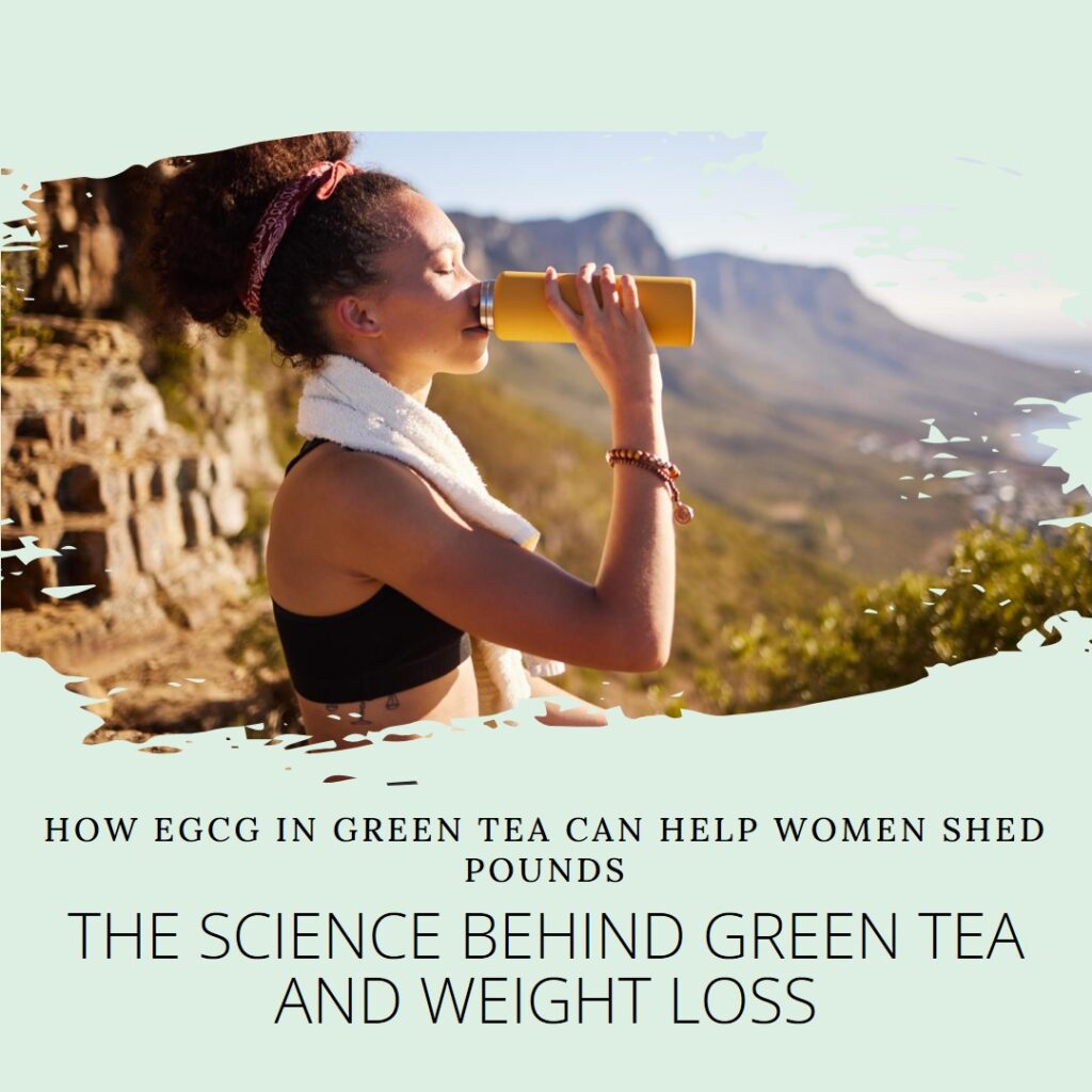 A health-conscious woman drinking green tea from a shaker bottle, symbolizing the beneficial consumption of EGCG, a potent antioxidant.