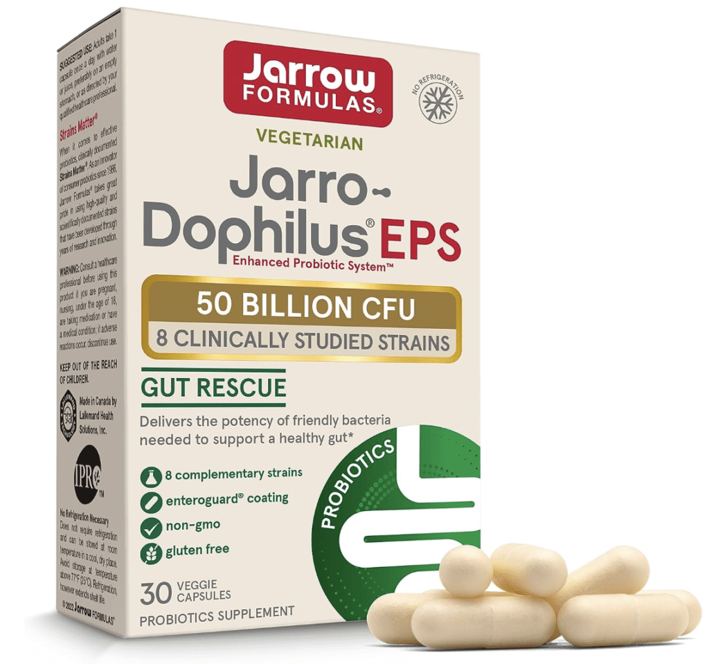 An image displaying a bottle of Jarrow Formulas Jarro-Dophilus, an advanced probiotic supplement. The product's packaging is characterized by its vibrant colors and clear, concise labeling, which reflects the brand's commitment to transparency and consumer education. 