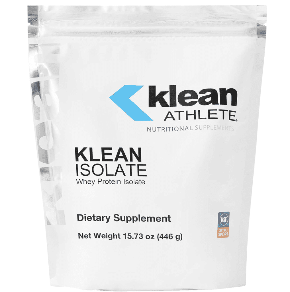 Image of a white bag of Klean ATHLETE Klean Isolate - Whey Protein. The packaging is simple and clean, indicating its premium quality. This product is a high-grade whey protein isolate, scientifically formulated for optimal muscle recovery and development.