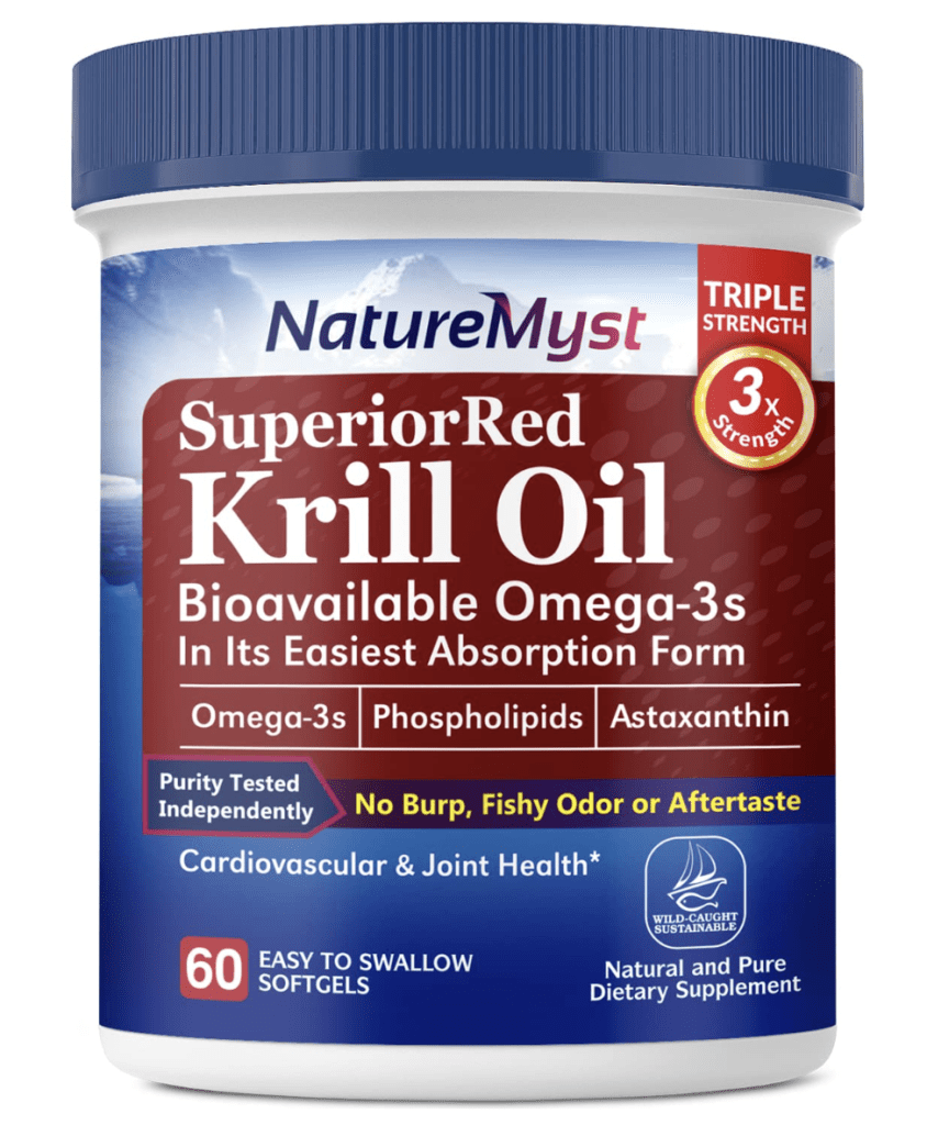 A bottle of NatureMyst Krill Oil, a health supplement. The packaging is simple yet professional, featuring a predominantly white and blue design.