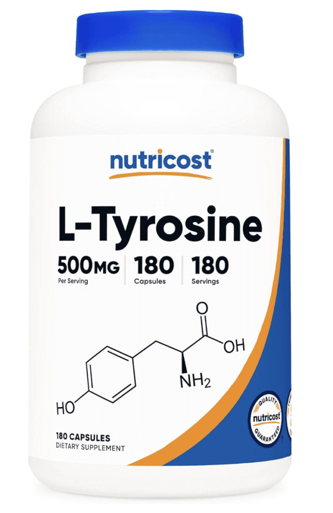 Ladies and gentlemen, let’s take a moment to admire the star of the show in all its glory. We're talking about an image of a bottle that's more than just a container. This is the Nutricost L-Tyrosine dietary supplement, a veritable powerhouse of wellness packed into 180 potent capsules.
The label proudly proclaims each capsule's strength: a robust 500mg of pure, high-quality L-Tyrosine, ready to boost your mood, reduce stress, enhance memory, and support physical performance. It's like having a personal trainer, a life coach, and a cheerleader, all rolled into one tiny capsule.
But wait, there's more! This isn't just any dietary supplement. Oh no, this is the gluten-free, non-GMO superstar of supplements. The label wears these badges of honor like a superhero's emblem, promising you a product that's as clean and natural as a sunrise on a pristine beach.
This bottle stands tall, its clear body revealing hundreds of capsules, like little soldiers of health ready for duty. The blue and white label is a beacon of trust and quality, assuring you that you're getting the best of the best.