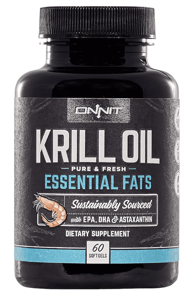 This image illustrates a bottle of ONNIT Antarctic Krill Oil, a dietary supplement. The design exudes professionalism with its sleek black and white color scheme. 