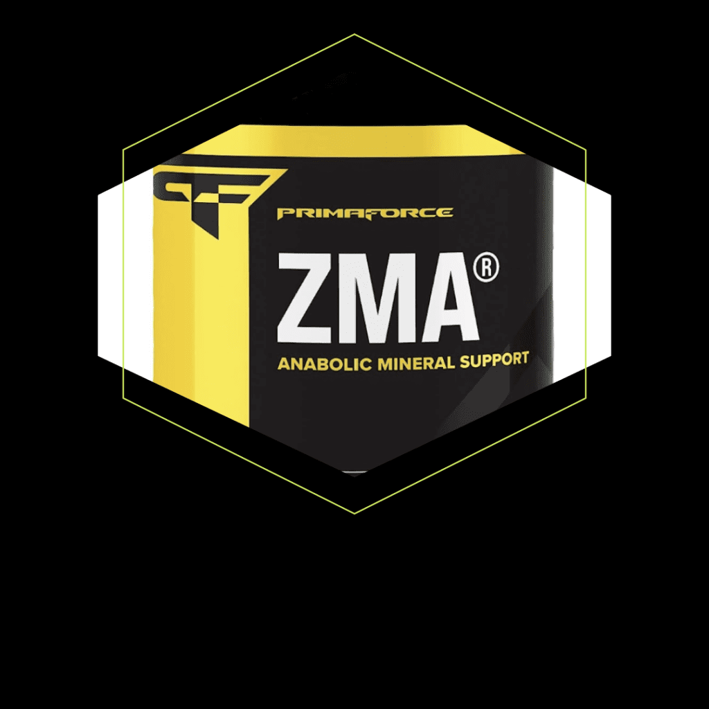 Front view of a Primaforce ZMA dietary supplement bottle. The label is dominated by a bold, blue color with white and yellow text. 'PrimaForce' is prominently displayed at the top, followed by 'ZMA' in large, bold letters, indicating the product's main ingredient. Below, text highlights the key benefits: 'Supports Muscle Strength and Recovery'. The bottom of the label assures quality with 'Lab Tested for Potency & Purity'. Overall, the design conveys authority, trust, and promises significant health benefits.