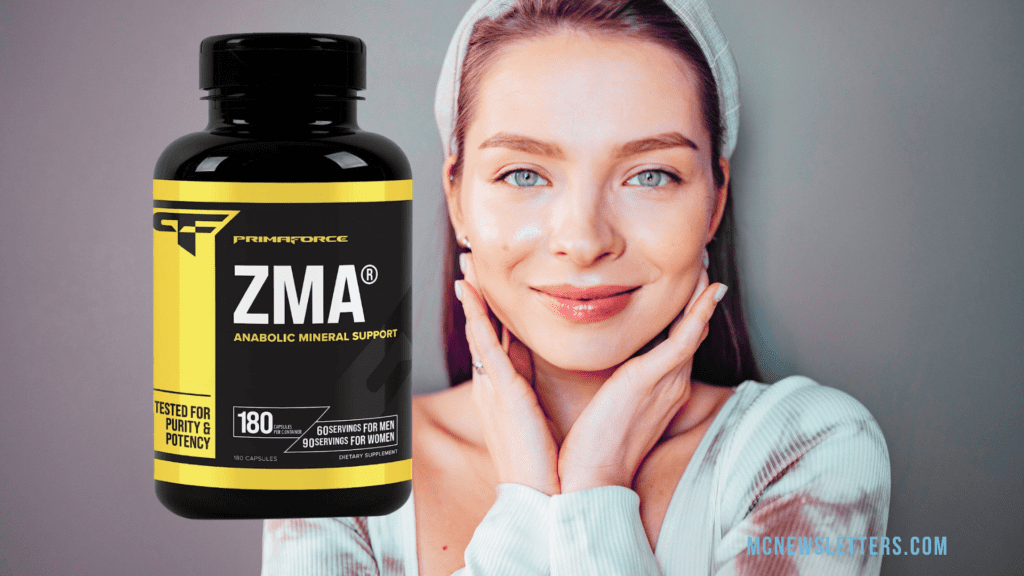 Image of a PrimaForce ZMA supplement bottle placed next to a smiling woman, symbolizing the positive impact and health benefits that this product offers. The woman's radiant smile indicates satisfaction and trust in the product's quality and effectiveness.