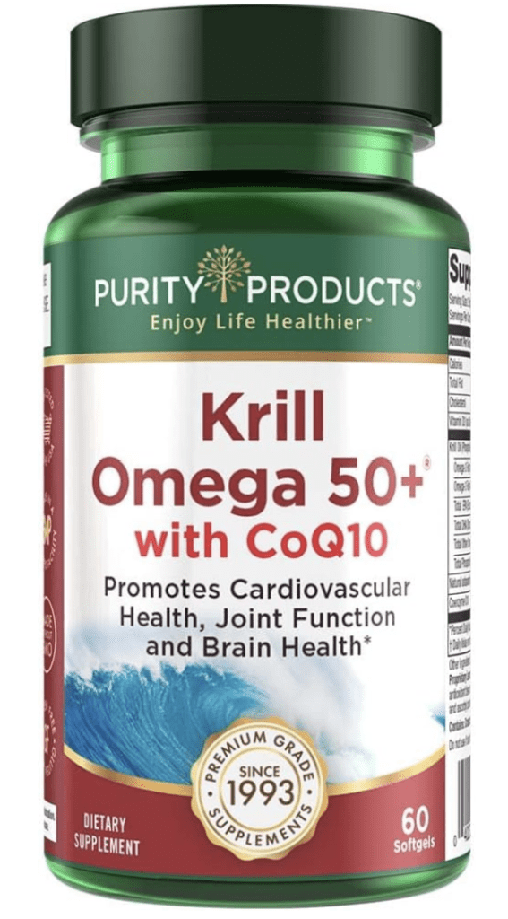 This image presents a bottle of Purity Products' Krill Omega 50+ with CoQ10, a dietary supplement. The design is characterized by a professional aesthetic with a vibrant green and white color scheme. 