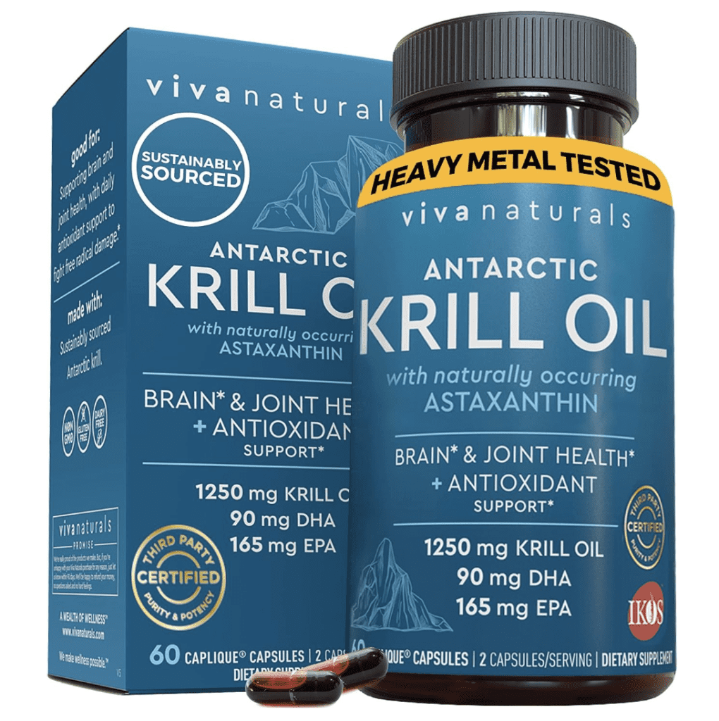 This image showcases a bottle of Viva Naturals Antarctic Krill Oil, a dietary supplement renowned for its health benefits. The packaging employs a clean and professional design, using a white and blue color scheme that suggests purity and trust.