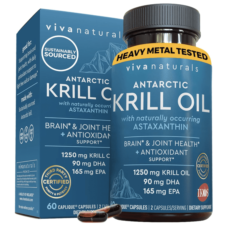 This image showcases a bottle of Viva Naturals Antarctic Krill Oil, a dietary supplement renowned for its health benefits. The packaging employs a clean and professional design, using a white and blue color scheme that suggests purity and trust. The brand name 'Viva Naturals' is displayed at the top, while 'Antarctic Krill Oil' resides in the center, indicating the core ingredient of the product. The label also provides key information about the product's benefits and contents, reflecting the brand's commitment to transparency and consumer education. This visual representation reinforces Viva Naturals' authority and reliability in the health supplement industry.