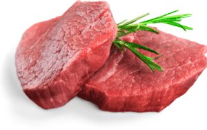 Two raw, lean slabs of beef resting on a white square plate. The fresh meat is bright red, with veins of fat running through it, and a layer of white connective tissue on the edges.