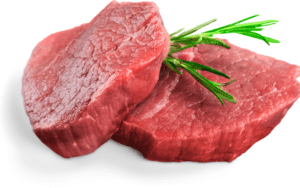 Two raw, lean slabs of beef resting on a white square plate. The fresh meat is bright red, with veins of fat running through it, and a layer of white connective tissue on the edges.