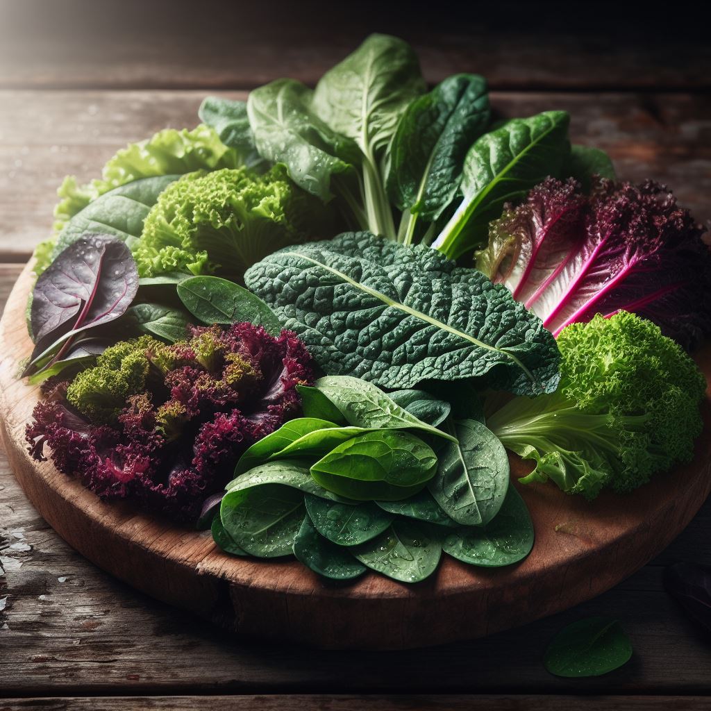 Assorted fresh leafy greens, including spinach and kale, displayed on a rustic wooden cutting board.