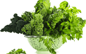 A colorful pile of fresh and vibrant leafy greens, including spinach, kale, lettuce, and arugula, overflowing from a metal collander.