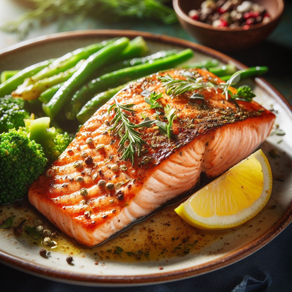 Grilled salmon fillet on a plate, accompanied by steamed green beans and broccoli, garnished with a slice of fresh lemon.