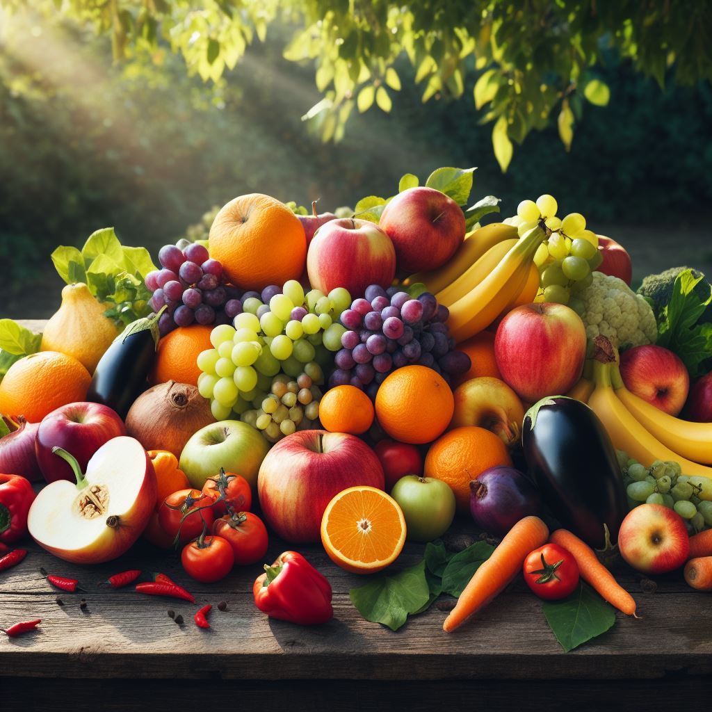 An array of fresh, colorful fruits and vegetables artistically arranged. The assortment includes vibrant red apples, juicy oranges, ripe bananas, lush green lettuce, and a variety of other produce, radiating health and vitality.