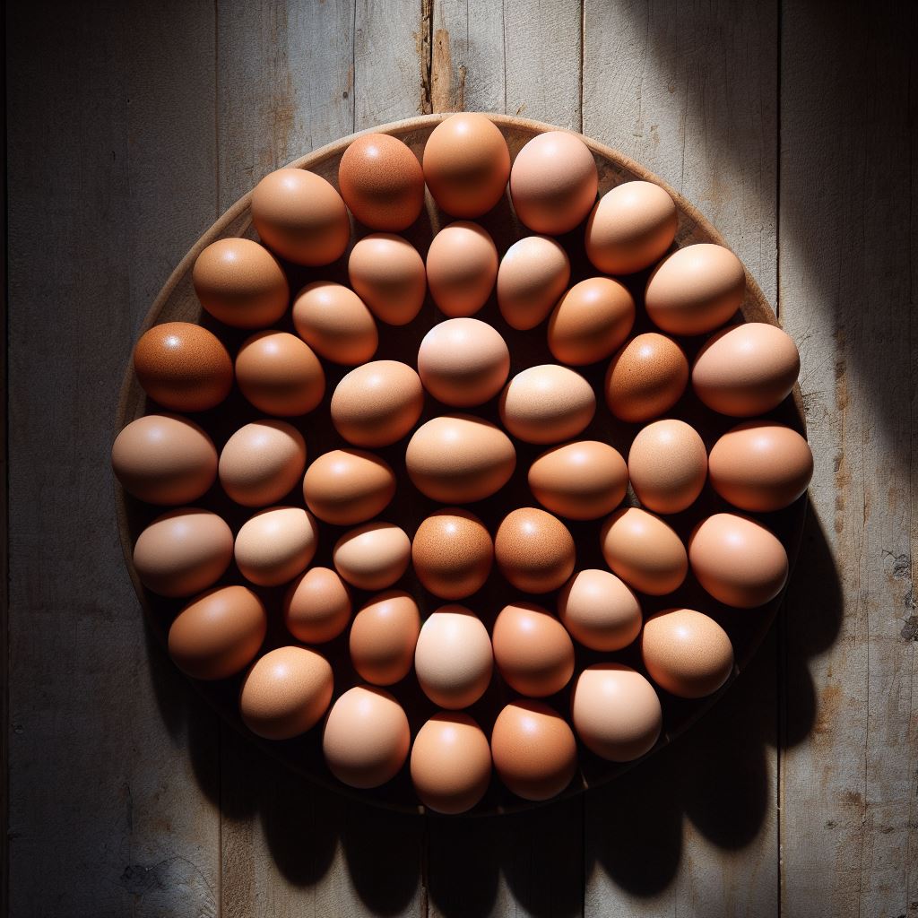 36 fresh brown eggs in a rustic wicker basket on a wooden table.