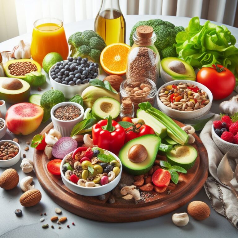 A variety of fat-burning foods displayed on a table. The assortment includes fresh fruits like apples and grapefruit, lean proteins such as grilled chicken, fiber-rich legumes and nuts, and green tea. Each item is known for its beneficial properties in promoting weight loss and boosting metabolism. The image emphasizes the importance of a balanced, nutrient-dense diet for healthy weight management.