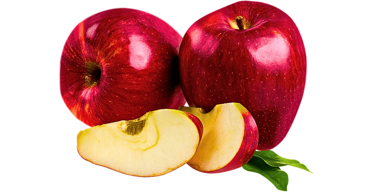 A close-up view of two whole apples and two apple slices, showcasing their vibrant colors and textures against a pristine white background.