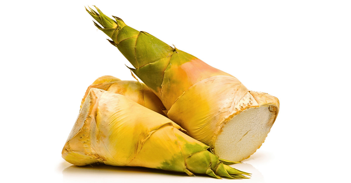 A close-up image of two bamboo shoots, revealing their intricate inner structure, is displayed against a pristine white background.