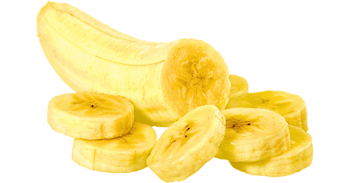 A close-up image featuring a whole ripe banana surrounded by neatly arranged banana slices, set against a clean white background.