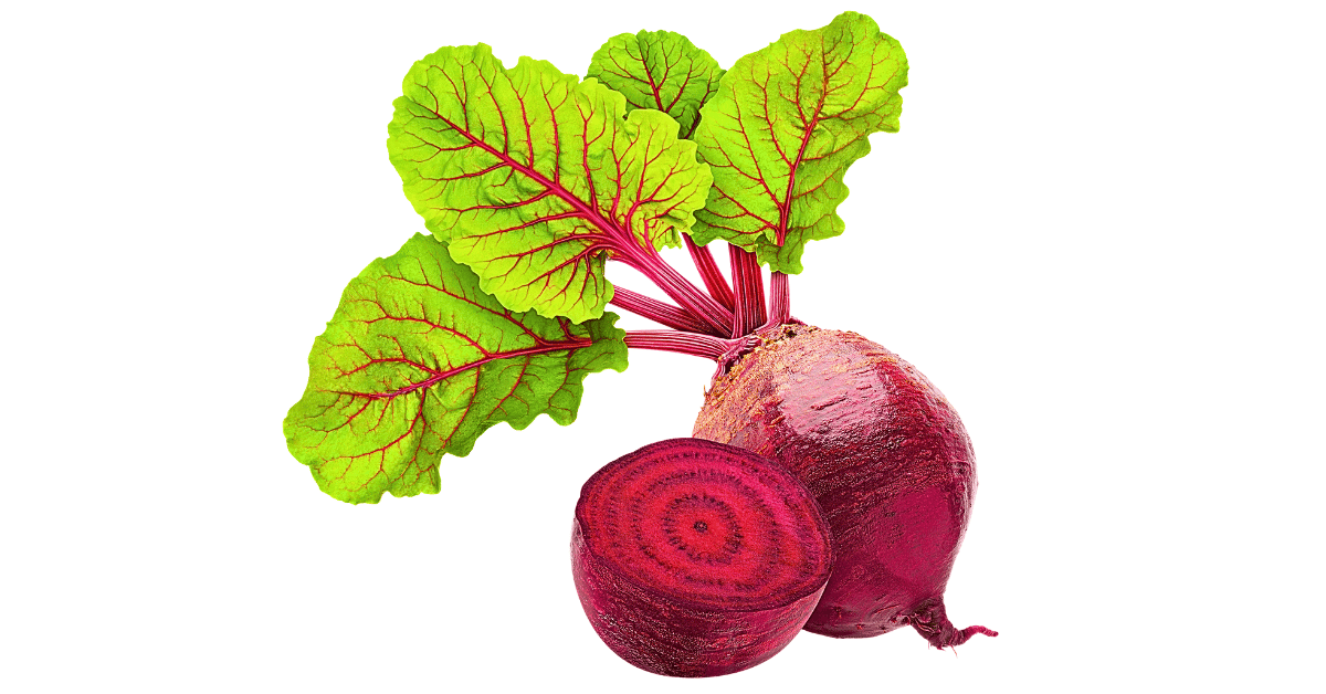 A beetroot, complete with vibrant green stems and leaves, alongside a close-up view of a halved beetroot, revealing its rich, maroon interior. Set against a pristine white background.