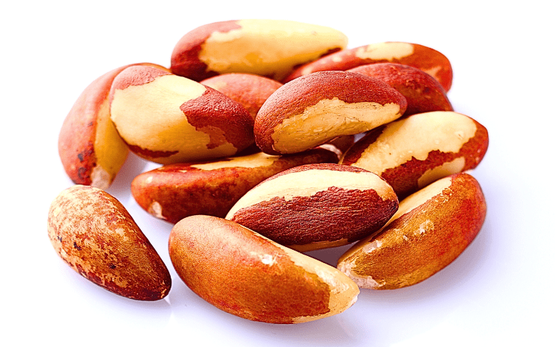 A close-up image featuring a handful of Brazil nuts against a clean white background and are characterized by their large size, smooth texture, and distinct oblong shape. 