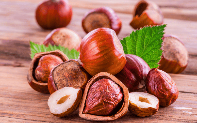 A selection of hazelnuts artfully displayed on a natural wooden table, with some nuts delicately opened to reveal the rich, earthy tones of the shells and the delectable, nutritious kernels within