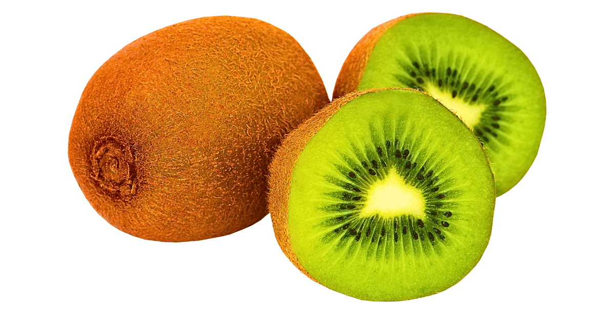 A whole kiwi fruit and a split kiwi revealing its juicy green flesh and black seeds, showcased in a captivating close-up on a pristine white background, emphasizing the fruit's vibrant color and tempting texture.