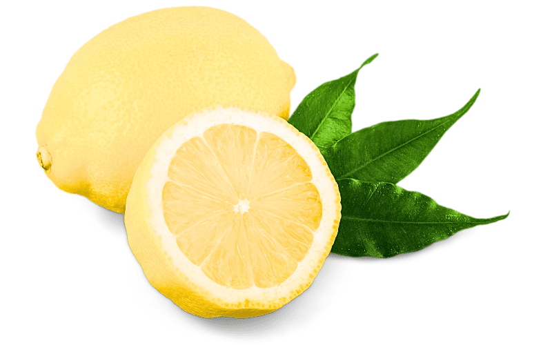 A whole lemon adorned with a verdant green stem, accompanied by a close-up of a halved lemon, all set against a pristine white background. This imagery conveys the vibrant freshness of the lemon, accentuating its natural allure and culinary versatility.