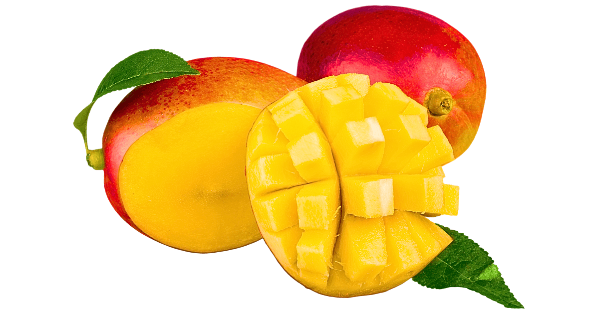 A whole ripe mango and a split mango, skillfully scored to reveal its succulent golden-orange flesh, beautifully displayed to highlight the fruit's vibrant color and tempting texture